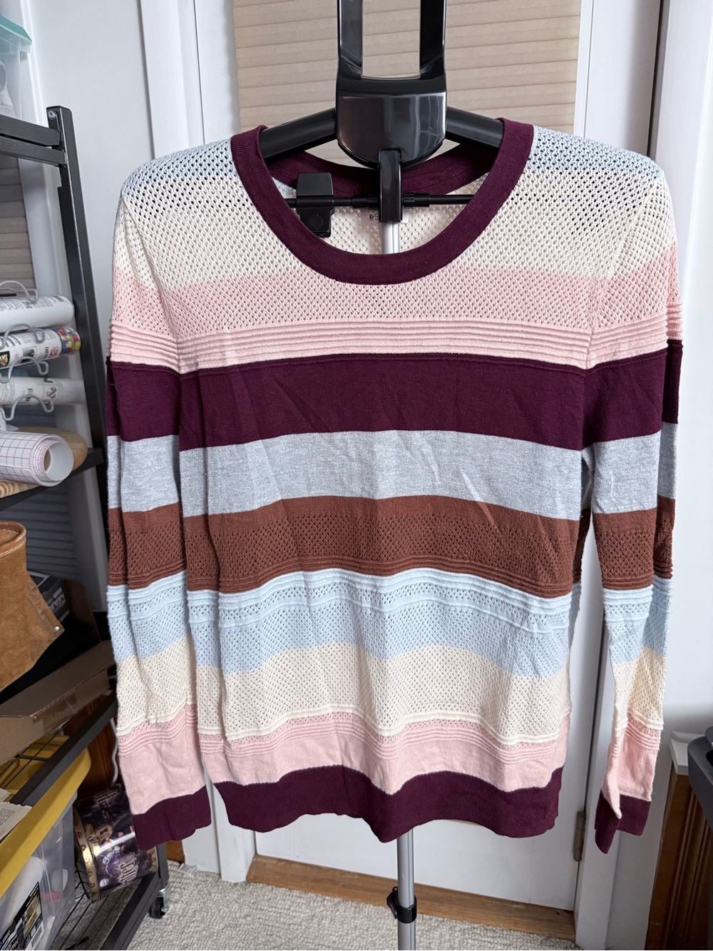 Market & Spruce Striped Crewneck Sweater pointelle knit bands